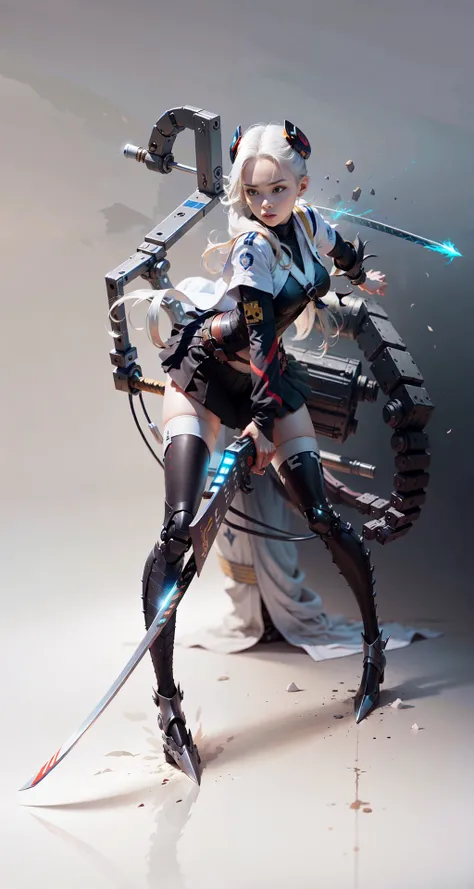 Simple background, white background,solo, (simple background, white background:1.3),
Masterpiece, Best Quality, 1 girl, Battle Maiden, sailor suit, Katana, robot arm, Long hair, right arm forward,flat color, colorful, animated,
game character design, concept design, figure, character, high detail,