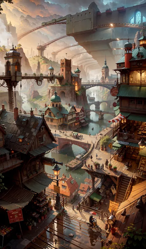 ((masterpiece)),((best quality)),((high detial)),((realistic,))
Industrial age city, deep canyons in the middle, architectural streets, bazaars, Bridges, rainy days, steampunk, European architecture