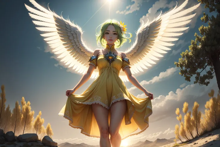 a anime female angel, solo, green hair, white wings, yellow flowing dress, standing on the top of a mountain, staring at a forest at the horizon, sun, clouds, rainbow in the sky, smiling, happy, masterpiece, best quality, intricate detail, high detail RAW color Photo, highly detailed, god rays, detailed eyes, distinct pupils, contrast, textured skin, cold skin pores, gigapixel, flawless face, 8k resolution, beautiful, cinematic, elegant, hyperrealistic, octane render, unreal, high definition, 8k uhd, physically-based rendering, perfect face, detailed face and body, award-winning photography, detailed face, ultrarealistic, ray tracing, sfw, ((full body)), low angle shot