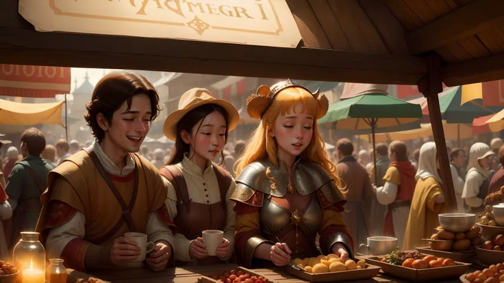 dumb happy young man and women, one asian and two caucasian at the crowded medieval market,  (dreamlikeart style:0.8),( redshift style:1.1) , (studio_ghibli_anime_style:0.8), iridescent, chromatic aberration, close up detail, illustration, (warm light)++, (warm colors, sunlight)++realistic, highly detailed,