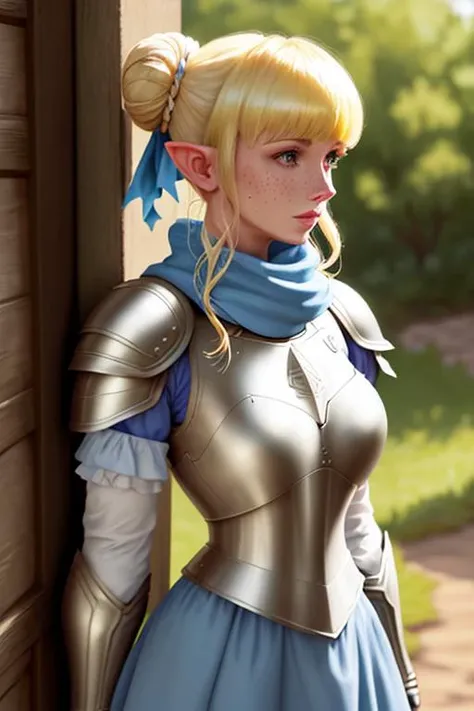 Elf, blonde, buns, bangs, blue frilly dress, ((armour)),  ((breastplate)), outside, scarf, fantasy, shoulders, freckles ,8k, popular, detailed, hdr 