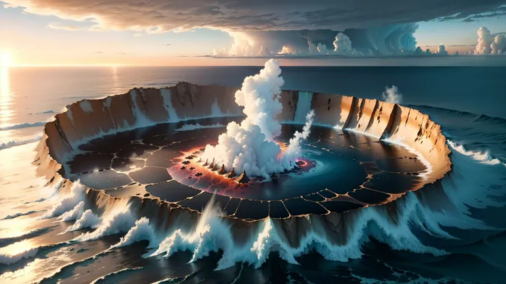 detailed photo, a-bomb explosion crater over the vast seascape, sense of adventure, insane menacing clouds, sunset, wind, clouds casting volumetric shadows, (slightly pink clouds:0.9)