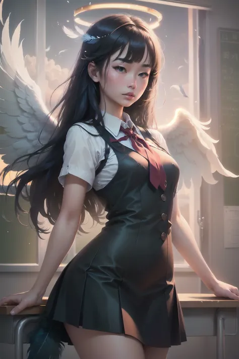 masterpiece, (photorealistic:1.4), best quality, beautiful lighting, 1girl, solo, long hair, straight hair, breasts, lips, blunt bangs, realistic, small breasts, (extremely detailed CG unity 8k wallpaper), intricate, high detail, sharp focus, dramatic, beautiful girl , RAW photo, 8k uhd, film grain, caustics, subsurface scattering, reflections, (cowboy shot), (asian:1.4), (skindentation:1.2), (school girl uniform), sunset, light particles, sunbeam, indoors, (school classroom, angel wings, mechanical halo, feathers falling from sky:1.4),
