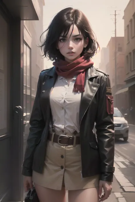 masterpiece, (photorealistic:1.4), best quality, beautiful lighting, outdoors, mikasa ackerman, shingeki no kyojin, 1girl, bangs, belt, belt buckle, black eyes, black hair, brown belt, brown jacket, buckle, dress shirt, hair between eyes, jacket, long sleeves, medium hair, open clothes, open jacket, paradis military uniform, red scarf, scarf, shirt, solo, standing, straight hair, suspenders, white shirt, wing collar , intricate details, natural light, RAW photo, 8k uhd, film grain <lora:mikasa_ackerman_offset:1.2> <lora:japaneseDollLikeness_v10:0.5>