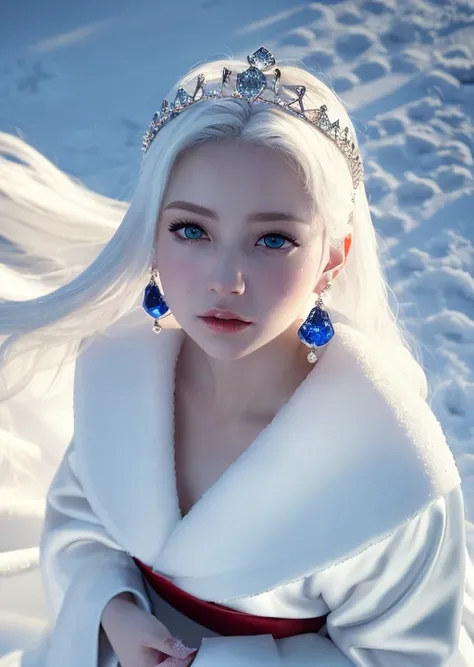 masterpiece, best quality,CGI Art,anime,illustration,1 Girl, woman, Queen, white robe,White pupils, white eyelashes, stained with snow face, cold, frost condensation,color,Positive light, sunlight, illuminates the face, Tiny stones, sharp crowns,super detail, depth of field, magic circle, (white eyes:1.1), white hair, real queen, snow, snow magic, white magic, sapphire, ice crown, ice crystal fragments, ice, light blue jewel earrings, large area of white, Red lips, incredible, super detail, extremely detailed, (High contrast :1.11), wind, amazing, beautiful detail eyes, messy hair, closed mouth, extremely detailed, (best lighting, extremely delicate and beautiful), ((movie light)), (from above:1.3), <lora:revAnimated_v11:1>