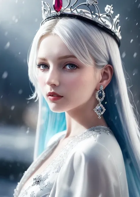 (masterpiece, best quality,Steampunk Art,anime,game art:1.1),(Detailed illustration:1.2),1 Girl, woman, Queen, white robe,White pupils, white eyelashes, stained with snow face, cold, frost condensation,color,Positive light, sunlight, illuminates the face, Tiny stones, sharp crowns,super detail, depth of field, magic circle, (white eyes:1.1), white hair, real queen, snow, snow magic, white magic, sapphire, ice crown, ice crystal fragments, ice, light blue jewel earrings, large area of white, Red lips, incredible, super detail, extremely detailed, (High contrast :1.11), wind, amazing, beautiful detail eyes, messy hair, (best lighting, extremely delicate and beautiful), ((movie light)), (from side:1.3), (((Johann Georg Melchior Schmidtner)))<lora:revAnimated_v11:1>