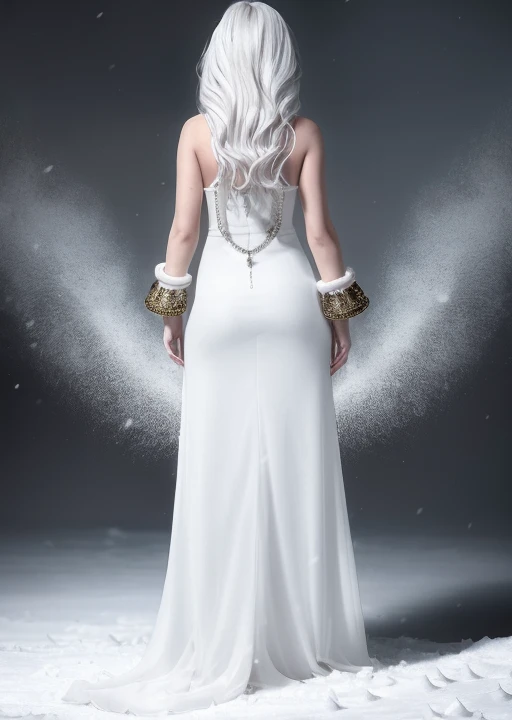 (masterpiece, best quality,Steampunk Art,anime,game art:1.1),(Detailed illustration:1.2),1 Girl, woman, Queen, white robe,White pupils, white eyelashes, stained with snow face, cold, frost condensation,color,Positive light, sunlight, illuminates the face, Tiny stones, sharp crowns,super detail, depth of field, magic circle, (white eyes:1.1), white hair, real queen, snow, snow magic, white magic, sapphire, ice crown, ice crystal fragments, ice, light blue jewel earrings, large area of white, Red lips, incredible, super detail, extremely detailed, (High contrast :1.11), wind, amazing, beautiful detail eyes, messy hair, (best lighting, extremely delicate and beautiful), ((movie light)), (from behind:1.3),(fullbody:1.3), <lora:revAnimated_v11:1>