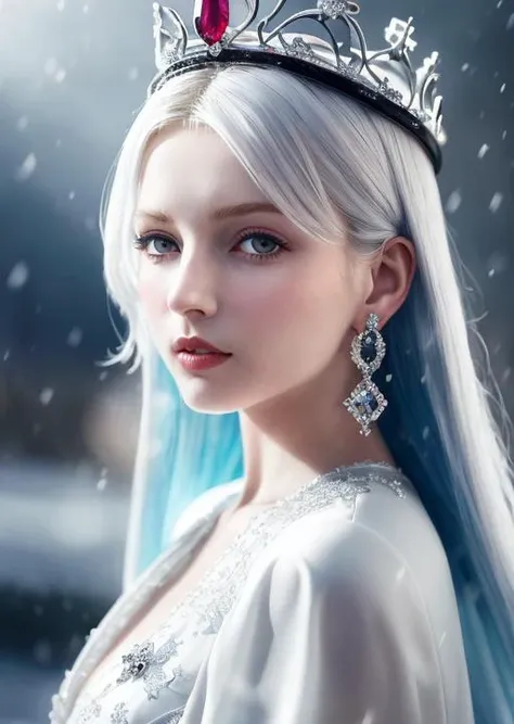 (masterpiece, best quality,Steampunk Art,anime,game art:1.1),(Detailed illustration:1.2),1 Girl, woman, Queen, white robe,White pupils, white eyelashes, stained with snow face, cold, frost condensation,color,Positive light, sunlight, illuminates the face, Tiny stones, sharp crowns,super detail, depth of field, magic circle, (white eyes:1.1), white hair, real queen, snow, snow magic, white magic, sapphire, ice crown, ice crystal fragments, ice, light blue jewel earrings, large area of white, Red lips, incredible, super detail, extremely detailed, (High contrast :1.11), wind, amazing, beautiful detail eyes, messy hair, (best lighting, extremely delicate and beautiful), ((movie light)), (from side:1.3), (((Johann Georg Melchior Schmidtner)))<lora:revAnimated_v11:1>