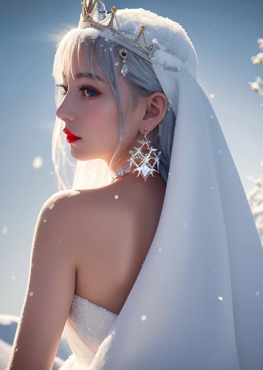 masterpiece, best quality,CGI Art,anime,illustration,1 Girl, woman, Queen, white robe,White pupils, white eyelashes, stained with snow face, cold, frost condensation,color,Positive light, sunlight, illuminates the face, Tiny stones, sharp crowns,super detail, depth of field, magic circle, (white eyes:1.1), white hair, real queen, snow, snow magic, white magic, sapphire, ice crown, ice crystal fragments, ice, light blue jewel earrings, large area of white, Red lips, incredible, super detail, extremely detailed, (High contrast :1.11), wind, amazing, beautiful detail eyes, messy hair, (best lighting, extremely delicate and beautiful), (( light)), (from behind:1.3),(upper body:1.3), <lora:revAnimated_v11:1>