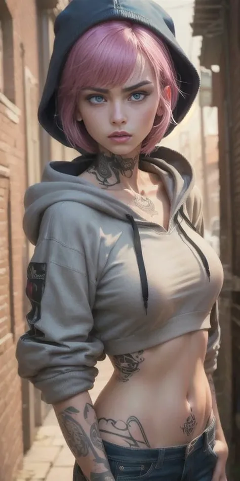 ((best quality)), ((masterpiece)), ((realistic)), (detailed), (1 girl) women, hoodie, arm tattoo, portrait, asymmetrical bangs, bandaid, short hair, bangs, breasts, freckles, grey eyes, large breasts, looking at viewer, neck tattoo, nose piercing, pink hair, solo, tattoo on face, upper body, detailed background, town, alley, dark alley, portrait, hood on head, night, angry, close up, closed mouth, , ((masterpiece)), absurdres