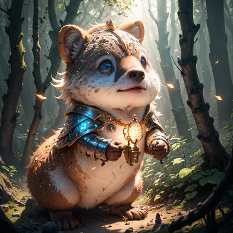 masterpiece intricate best quality ultra realistic scenic view landscape portrait of 3D quokka, hyperdetailed intricate luxury pattern fantasy blue mithril armor with diamond ornament, hyperdetailed intricate fur, young athletic body, hyperdetailed complex, hyperdetailed face, character concept, standing in hyperdetailed fantasy glowing forest, glowing colorful sunshine, natural light, head light, cinematic light, studio lighting, fantastical nostalgic mood, fantasy environment, a lot of yellow glowing light floating in the air, professional award-winning photography, maximalist photo illustration 64k, resolution High Res intricately detailed, impressionist painting, digital painting, colorful, rich deep color, concept art, digital art, heroic fantasy art, illustration, key visual, panoramic, cinematic, masterfully crafted, 8k resolution, stunning, ultra detailed, expressive, hypermaximalist,  render, 3D render, 64K, WLOP, UHD, HDR10,
