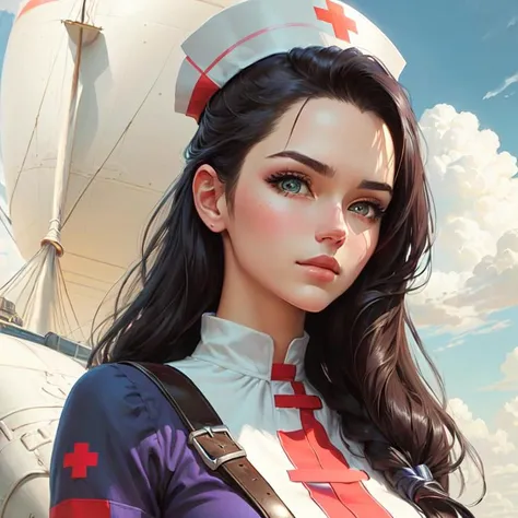[widowmaker:mercy:0.9] holding staff, very detailed face, nurse dress, travelbag, sharp focus on eyes, airship in background, blue sky, white clouds  , inspired by Artgerm, pixiv contest winner, berserk art style, close-up portrait,  loadscreen, painted with a thick brush, card game illustration, hd anime wallaper, lowres