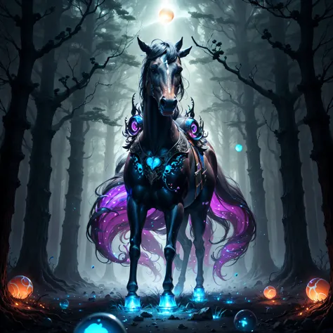 This ultra-realistic, high-definition, expertly-cinematographed, computer-generated image features a detailed horse standing in an enchanted forest filled with mystical creatures. The telepathic riders, dressed in ethereal garments, silently communicate as pulsing orbs fill the sky and swirling, translucent textures create a surreal and fantastical atmosphere. The atmospheric haze and soft ethereal lighting add to the enchanting mood, while the intricate creature designs, swirling translucent material, and thick liquid create a mesmerizing texture. The image quality is crisp, sharp, and highly-detailed, with vibrant colors and soft, luminescent lighting. This fantastical and otherworldly scene was created using a digital pen to produce a stunning work of computer-generated imagery. UHD,HDR10,16K