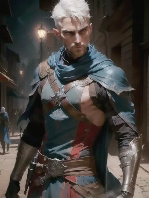 award winning character concept art of a man, (assassin), ((r 3 6 angle)), assassin armor, (assassin clothing), (male slender body), short hair, white hair, shaved on the side hair, (blue eyes), male expression, defined musculature, (silent), detailed body, (Detailed face), (detailed eyes), natural lighting, looking_at_viewer, solo, highly detailed 8k character concept portrait studio lighting by Annie Leibovitz and Steve McCurry octane render trending on artstation made in Maya 4K high quality digital painting dramatic lighting, divine, insanely detailed, hard edge, vibrant, contrast, vivid color