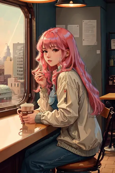 best quality, realistic, award-winning illustration, (intricate details:1.2), (delicate detailed), (intricate details), (cinematic light, best quality Backlights), clear line, sharp focus, official art, unity 8k wallpaper, absurdres, incredibly absurdres, huge filesize, ultra-detailed, highres, extremely detailed, extremely delicate and beautiful,(masterpiece,best quality:1.2),(highres:1.1),(Highest picture quality),(master's work),facing viewer,dynamic angle,1girl, sitting, tea,,long pink hair,coffee shop