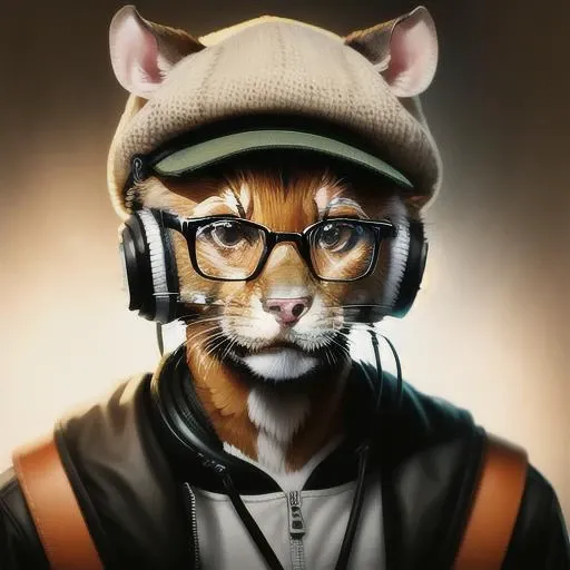 photo, animal, a portrait photo of [man:rat:2] humanoid in clothes, face, 8k uhd, dslr, soft lighting, high quality, film grain, Fujifilm XT3, hat, headphones, glasses