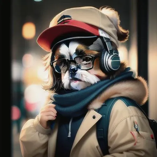 photo, shih-tzu, a portrait photo of [man:dog:2] humanoid in clothes, face, 8k uhd, dslr, soft lighting, high quality, film grain, Fujifilm XT3, hat, headphones, glasses