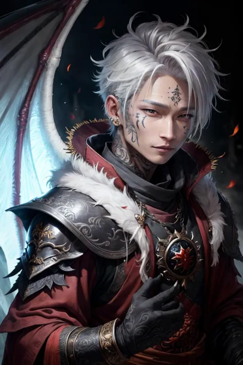 Kyo1,sorcerer, wearing kingdom fiery armor, grey hair,white eyes, short hair, face tattoo, dragon, wings