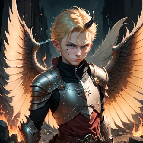 masterpiece, best quality, ultra-detailed, illustration,1boy,fantasy, RPG, hero, devil, final battle, outdoors, epic, dramatic, intense, powerful, dynamic, magic, spells, sword, shield, armor, wings, horns, tail, fire, smoke, light, shadow, impact, movement, energy, determination, bravery, courage, heroism, villainy, evil, darkness, destruction, victory, defeat, redemption, justice, sacrifice, friendship, companionship, perseverance, challenge, obstacle, success, achievement, goal-oriented, progress, improvement, realism, naturalistic, figurative, representational, video game culture, anime, manga, Japanese, RPG tropes, character design, animation, special effects, composition, scale, foreground, middle ground, background, perspective, light, color, texture, detail, beauty, wonder,award winning (portrait photo:1.4)