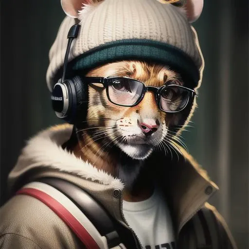 photo, animal, a portrait photo of [man:rat:2] humanoid in clothes, face, 8k uhd, dslr, soft lighting, high quality, film grain, Fujifilm XT3, hat, headphones, glasses
