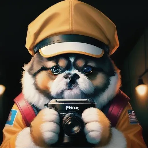 photo, shih-tzu, a portrait photo of [man:dog:2] humanoid in clothes, face, 8k uhd, dslr, soft lighting, high quality, film grain, Fujifilm XT3, hat, headphones, glasses