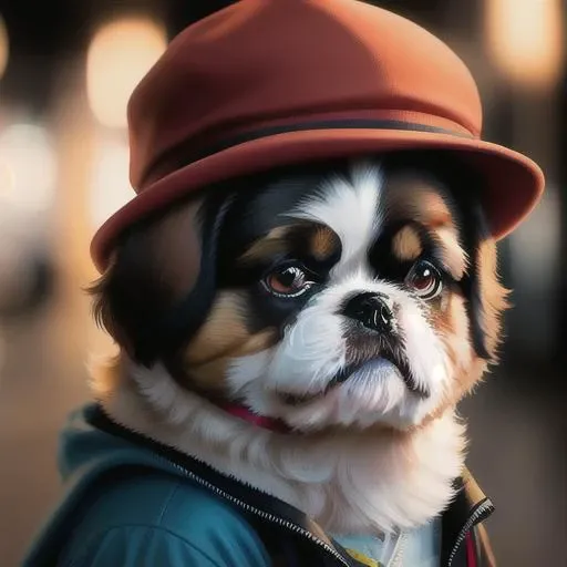 photo, shih-tzu, a portrait photo of [man:dog:2] humanoid in clothes, face, 8k uhd, dslr, soft lighting, high quality, film grain, Fujifilm XT3, hat, headphones, glasses