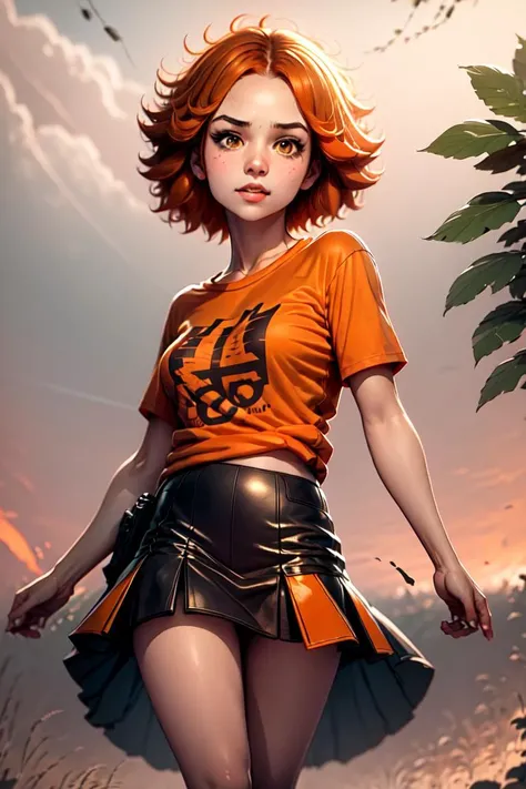 1girl, <lora:lxnadia:1>, short orange hair, t-shirt, skirt
best quality, masterpiece, realistic, detailed