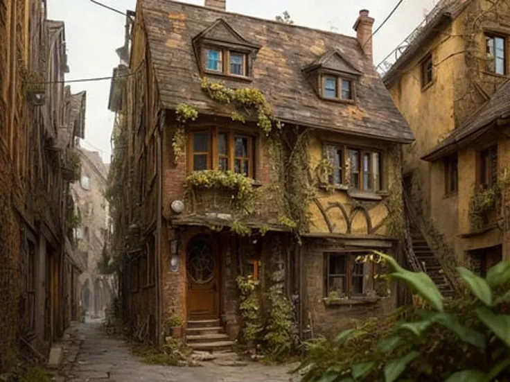 leica_style, hilly terrain, old flimsy shabby steampunk townhouse, overgrown, highly detailed, extremely sharp focus, <lora:leicaLensStyle_v10:1>, closeup, bokeh background, art nouveau