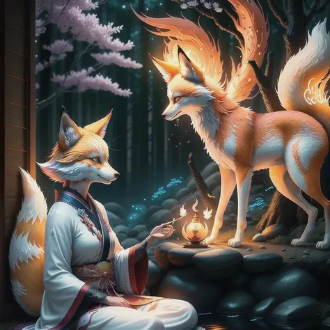 the beautiful kitsune spirit surrounded by magic, amazing, unique, 8k, hdr, insanely detailed, ultra sharp, focus, unreal 5, octane render, anime style, intricate, masterpiece