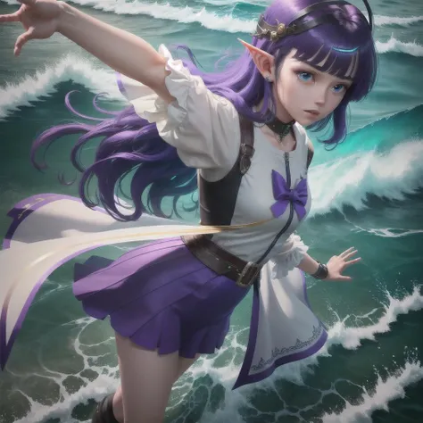 masterpiece, best quality, 1girl, elf, magical girl, outstretched arm, bangs, purple hair, parted bangs, streaked hair, halo, ocean, game cg, extremely detailed cg unity 8k wallpaper, ray tracing, cinematic lighting