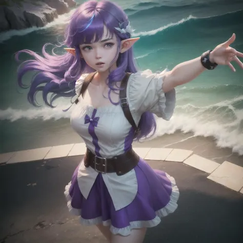 masterpiece, best quality, 1girl, elf, magical girl, outstretched arm, bangs, purple hair, parted bangs, streaked hair, halo, ocean, game cg, extremely detailed cg unity 8k wallpaper, ray tracing, cinematic lighting