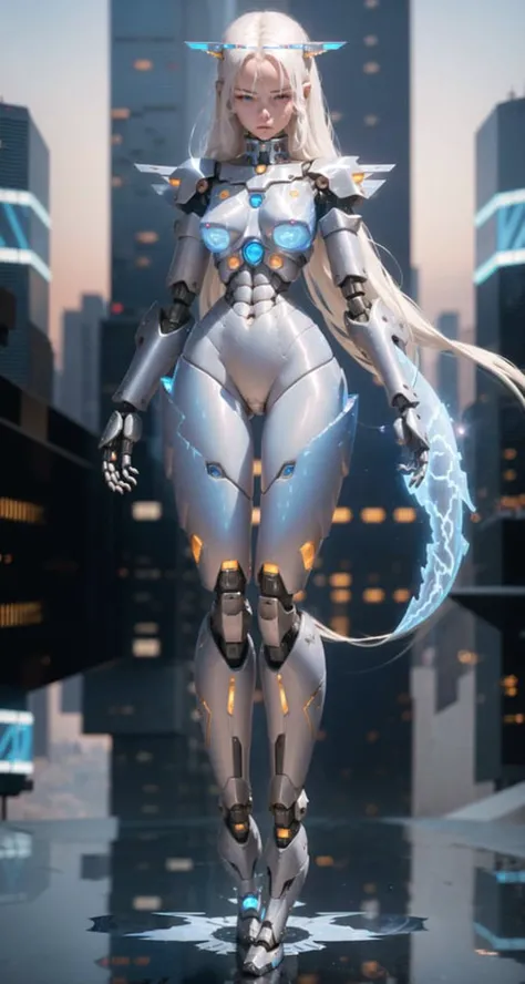 ((robot girl, mecha)), broken armor, mechanical halo, mechanical arms,
white hair, long hair, ceramic body, thigh gap, small breast,
cyber background, extreme detailed city, (translucent body, reflection skin),
8k, best quality, ultra detailed, (hyperrealistic:1.4), <lora:glassSculptures_v20CompletelyRedone:0.6>,