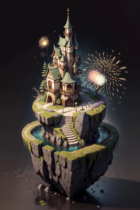 [(black background:1.5),::5], (isometric 3d art of floating rock citadel), firework,  cobblestone, flowers, verdant, stone, moss, fish pool, (waterfall:1.2), idyllic, japanese structure