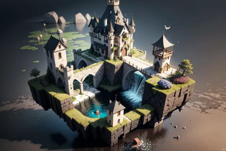 [(simple background:1.5),::5], (isometric 3d art of floating rock castle),  cobblestone, flowers, verdant, stone, moss, fish pool, waterfall, idyllic, dwelling BREAK
masterpiece, best quality, highres, ultra detailed, extremely clear, absurdres, detailed lighting