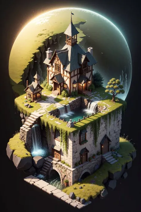 (simple background:1.2), (isometric 3d art of floating rock citadel),  cobblestone, flowers, verdant, stone, moss, fish pool, (waterfall:1.2), cottage