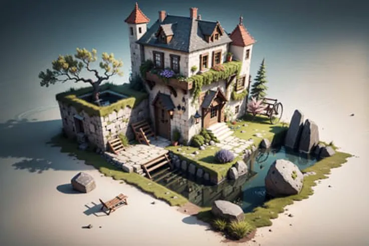 [(simple background:1.5),::5], (isometric 3d art of floating rock citadel),  cobblestone, flowers, verdant, stone, moss, fish pool, waterfall, watermill, idyllic, dwelling BREAK
masterpiece, best quality, highres, ultra detailed, extremely clear, absurdres, detailed lighting