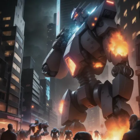 masterpiece, best quality,illustration, shape man invading city, fire, (battle scene:1.2), many people, (Huge mech:1.3), fear, night scene,game cg, extremely detailed cg unity 8k wallpaper, cityscape, glowing light, motion blur, monster, orc, goblin, looking up,(Escape crowd:1.2)
