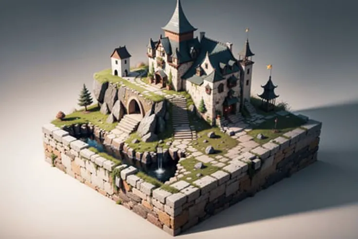 [(simple background:1.5),::5], (isometric 3d art of floating rock citadel),  cobblestone,  stone road and hill with a small waterfall on top, intricate details, ultra realistic, illydic BREAK
masterpiece, best quality, highres, ultra detailed, extremely clear, absurdres, detailed lighting