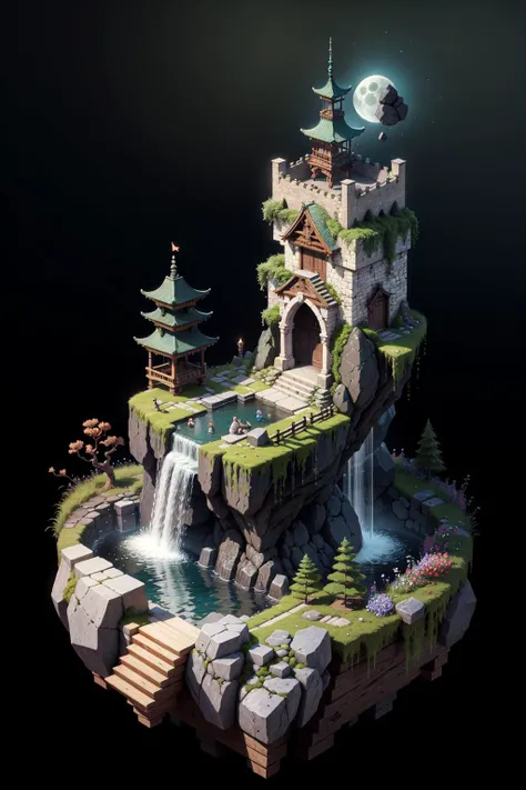 [(black background:1.5),::5], (isometric 3d art of floating rock citadel), (moon:0.95),  cobblestone, flowers, verdant, stone, moss, fish pool, (waterfall:1.2), idyllic, japanese structure