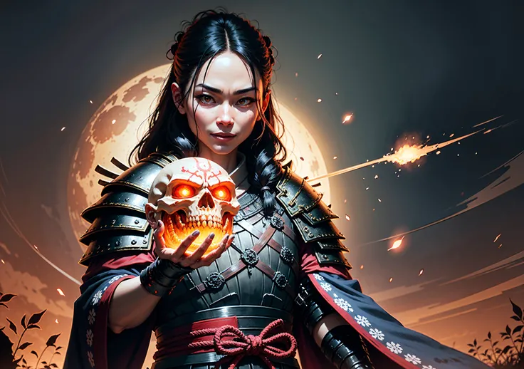 Dim lighting, a old Samurai holding a detailed skull in hand, crazy expression, wicked grin, long black hair, samurai armor, cinematic lighting, dynamic angle, extremely detailed shadowing, (insane, light smile), stare, glowing red skull in hand, Glowing sword in other hand, field, standing in a field of corpses, (depth of fields), best quality, ultra-detailed, strong rim lighting, Japanese illustration, ultimate rendering engine, from below, from side, glowing eyes, red moon glow, extremely detailed face, hair strands