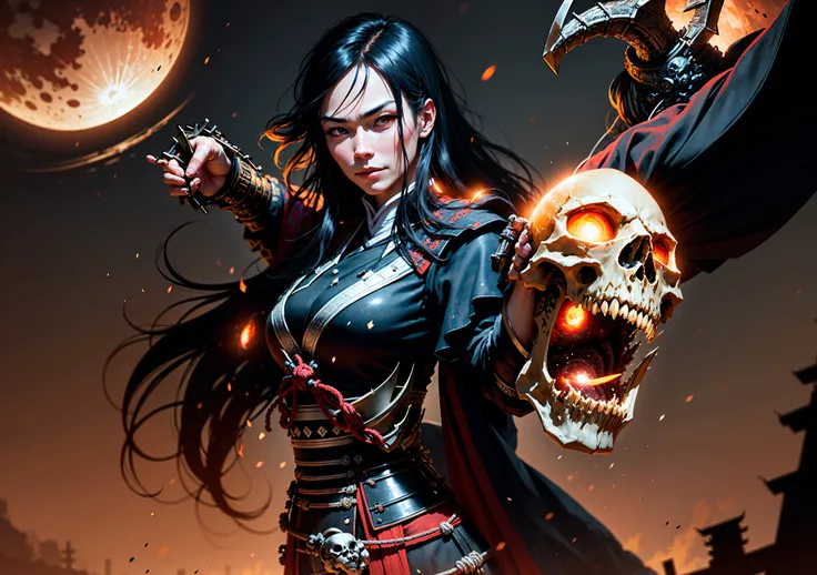 Dim lighting, ((old Samurai holding skull in hand)), tired face, wrinkled, wicked grin, long black hair, samurai armor, cinematic lighting, dynamic angle, extremely detailed shadowing, (insane, light smile), stare, holding scythe in hand field, standing in a field of corpses, (depth of fields), best quality, ultra-detailed, strong rim lighting, Japanese illustration, ultimate rendering engine, from below, from side, glowing eyes, ((red moon glow)), extremely detailed face, hair strands