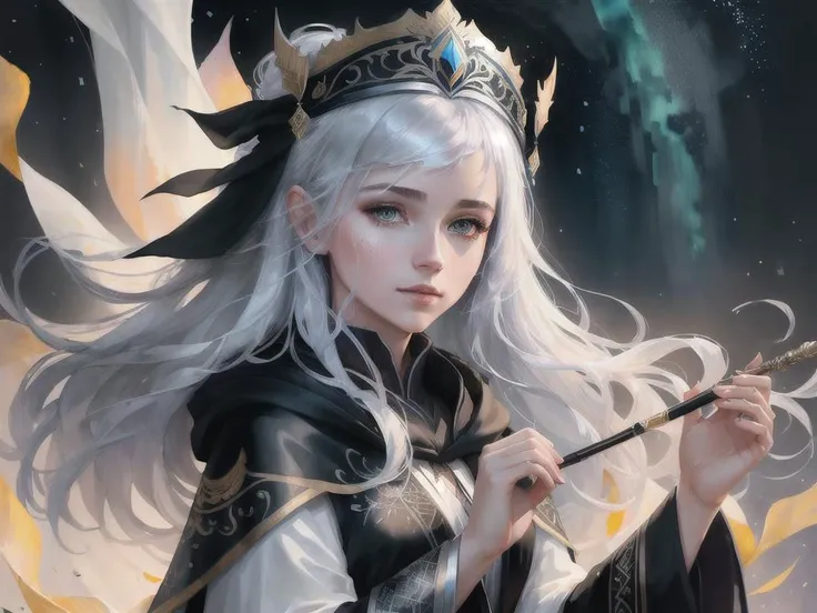 (8k, best quality, masterpiece:1.2),(best quality:1.0), (ultra highres:1.0), watercolor, an young beautiful Ukrainian woman with silver hair and black robe and dark cloak and wearing tiara, by agnes cecile, half body portrait, extremely luminous bright design, pastel colors, (ink:1.3), autumn lights