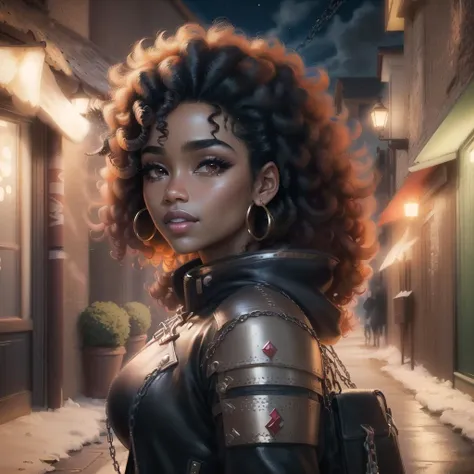 ((Black woman)), ((((4c hair, curly hair, black hair)))), feathered cap, (chain mail), (leather coat), (metal gauntlet, kite shield), (beautiful), ((realistic, 4k, 8k, HD, masterpiece, night, dark)), brown eyes, long eyelashes, full lips, smirk, photo, ((dark night)), medieval alleyway,