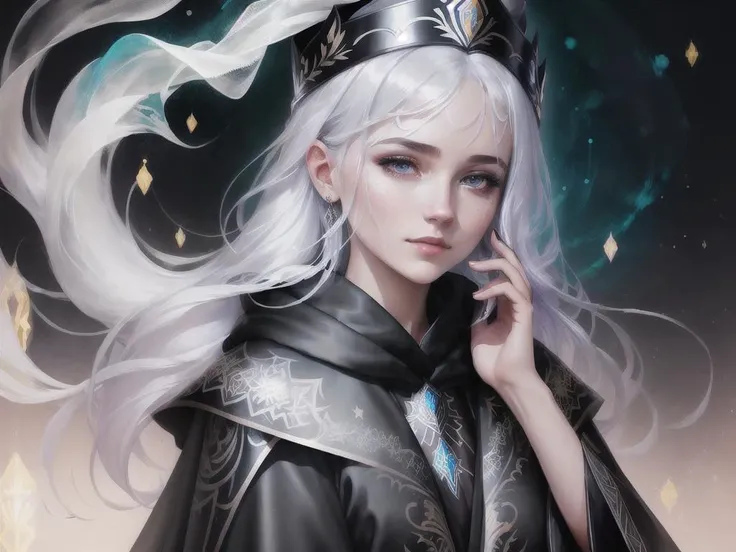 an young beautiful Ukrainian woman with silver hair and black robe and dark cloak and wearing tiara, by agnes cecile, half body portrait, extremely luminous bright design, pastel colors, (ink:1.3), autumn lights, (8k, best quality, masterpiece:1.2),(best quality:1.0), (ultra highres:1.0), watercolor