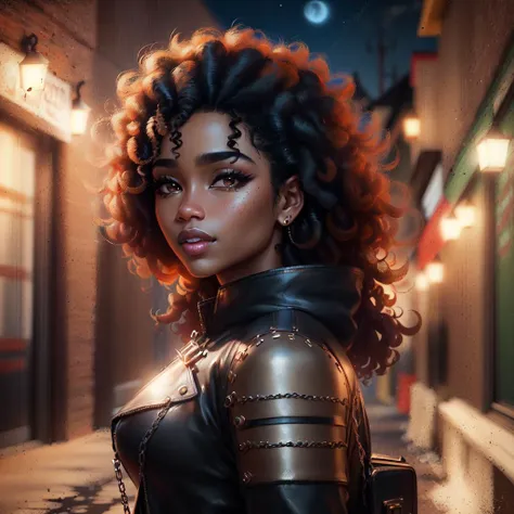 ((Black woman)), ((((4c hair, curly hair, black hair)))), feathered cap, (chain mail), (leather coat), (metal gauntlet, kite shield), (beautiful), ((realistic, 4k, 8k, HD, masterpiece, night, dark)), brown eyes, long eyelashes, full lips, smirk, photo, ((dark night)), medieval alleyway,