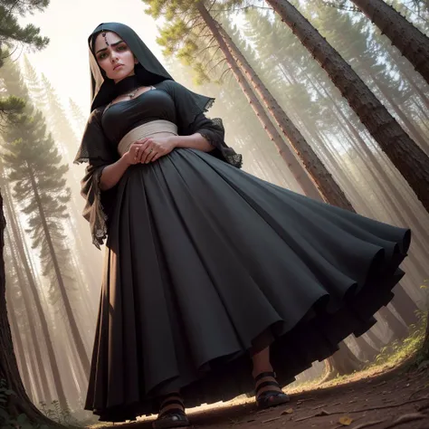 shot from the bottom, very angry arabian woman in (long) pleated skirt in the forest, looks down on a viewer, solo, high detailed face, beautiful high detailed eyes, full body, night