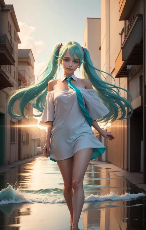 ((best quality)), ((masterpice)), ((realistic)), 1girl, a full body portrait of Hatsune Miku, detailed eyes, (natural skin:1.2), (twin tails), (long hair:1.4), wearing a long wet shirt, (cyan necktie), barefoot, (outdoors), (by the sea), on a windy day, smile, (luscious lips), playful, looking at viewer, inquisitive eyes, (sharp focus:1.3), (dramatic lighting:1.3), light reflection on clothes, <lora:oversizedShirt_v10:1>, off shoulder, oversized shirt,  (arms extended to the sides:.4)