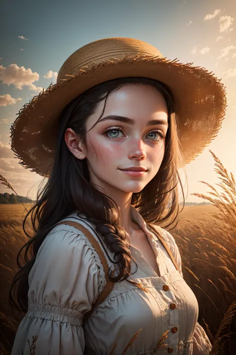 masterpiece, best quality, ((best quality)), ((masterpiece)), ((realistic)), (detailed), portrait, close up, young girl farmer, , straw hat,  highly detailed skin, looking at viewer, stunning gradient colors, no watermark signature, detailed background, outside, in a field, small smile, insanely detailed, , ((masterpiece)), absurdres, HDR   <lora:animeLineartMangaLike_v30MangaLike:1>