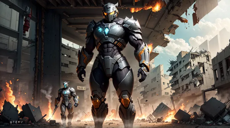 masterpiece, best quality, (((photorealistic:1.4))), (high quality 8k unity 3d render), (solo:1.1),wide angle view, warframe,(dark background lighting:0.8)
(reflective armor) , soldiers standing in background, (highly detailed), ((matte black and grey color:1.2)) , (standing:1.2), (jetpacks:0.8),
,debris, destruction, ray tracing reflections, intimidating,fallout 4 power armor, (human sized:0.6), (glowing power core:1.1), nuclear powered, dystopian, army, futuristic tanks in background,
big bulky armor, (spartan themed:1.4), standing inside destroyed building, destroyed city buildings, post apocalyptic , <lora:epiNoiseoffset_v2:0.8>, dim lighting,