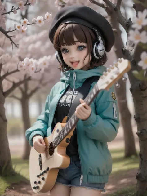 (masterpiece),(best quality),(ultra-detailed), (full body:1.2),
1girl,chibi,cute, smile, open mouth,
flower, outdoors, playing guitar, music, beret, holding guitar, jacket, blush, tree, :3, shirt, short hair, cherry blossoms, green headwear, blurry, brown hair, blush stickers, long sleeves, bangs, headphones, black hair, pink flower,
(beautiful detailed face), (beautiful detailed eyes),
<lora:figmaAnimeFigures_figma:1>